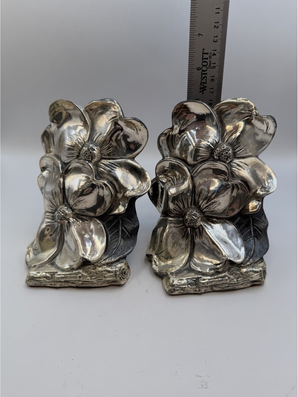 Vtg MCM Cast Metal Silver Dogwood Flower Bookends Set Of 2 Philadelphia Mfg Co
